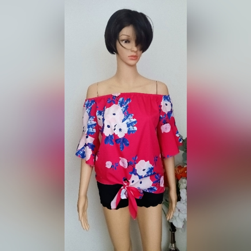 Mokingtop medium pink floral print off shoulder blouse